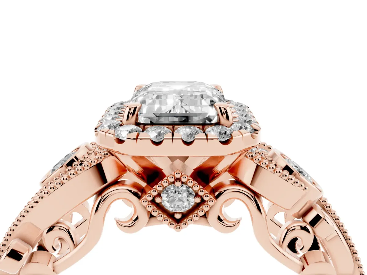 Emerald Cut Halo Diamond Ring with Milgrain and Bezel Accents on a Split Shank Band Rose gold