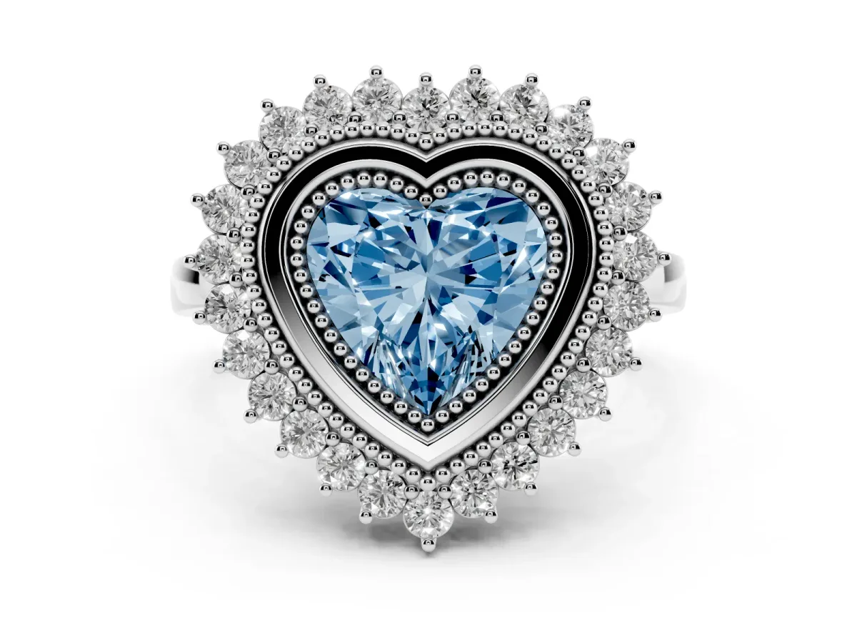 Fancy Blue Heart Cut Halo Diamond Ring with Milgrain Edge and Round Prong Setting Silver