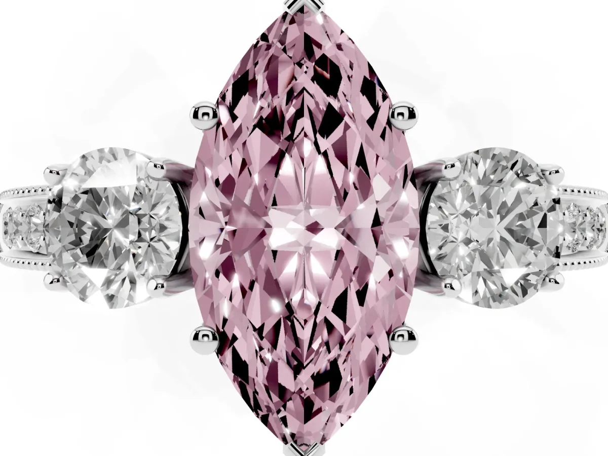 Fancy Pink Marquise Cut Three-Stone Diamond Ring with Pavé Band and Four-Prong Setting Silver