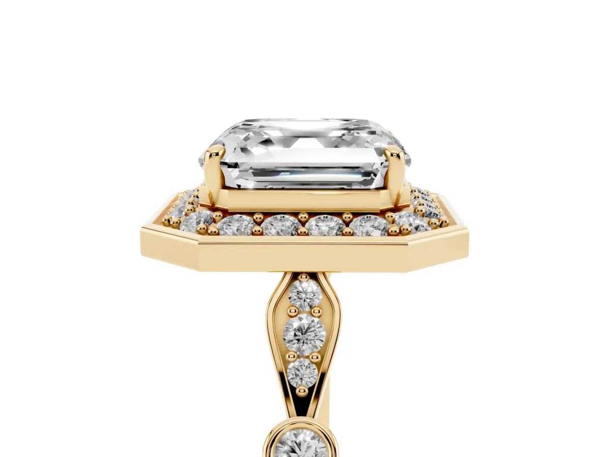 Asscher Cut Halo Diamond Engagement Ring with Twisted Band and Four-Prong Setting Yellow gold