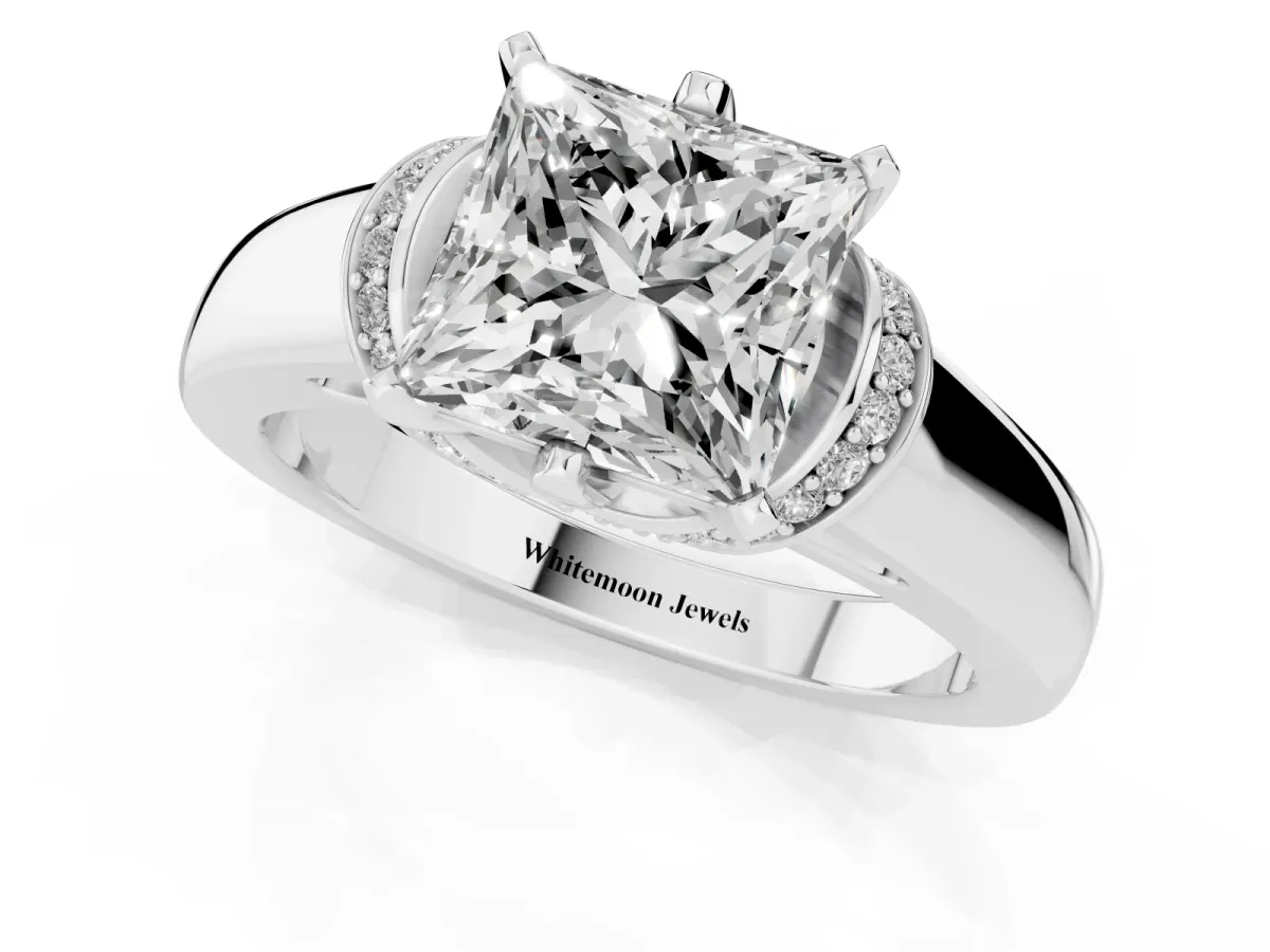Princess Cut Solitaire Diamond Ring with Pave Band and Six-Prong Setting Silver