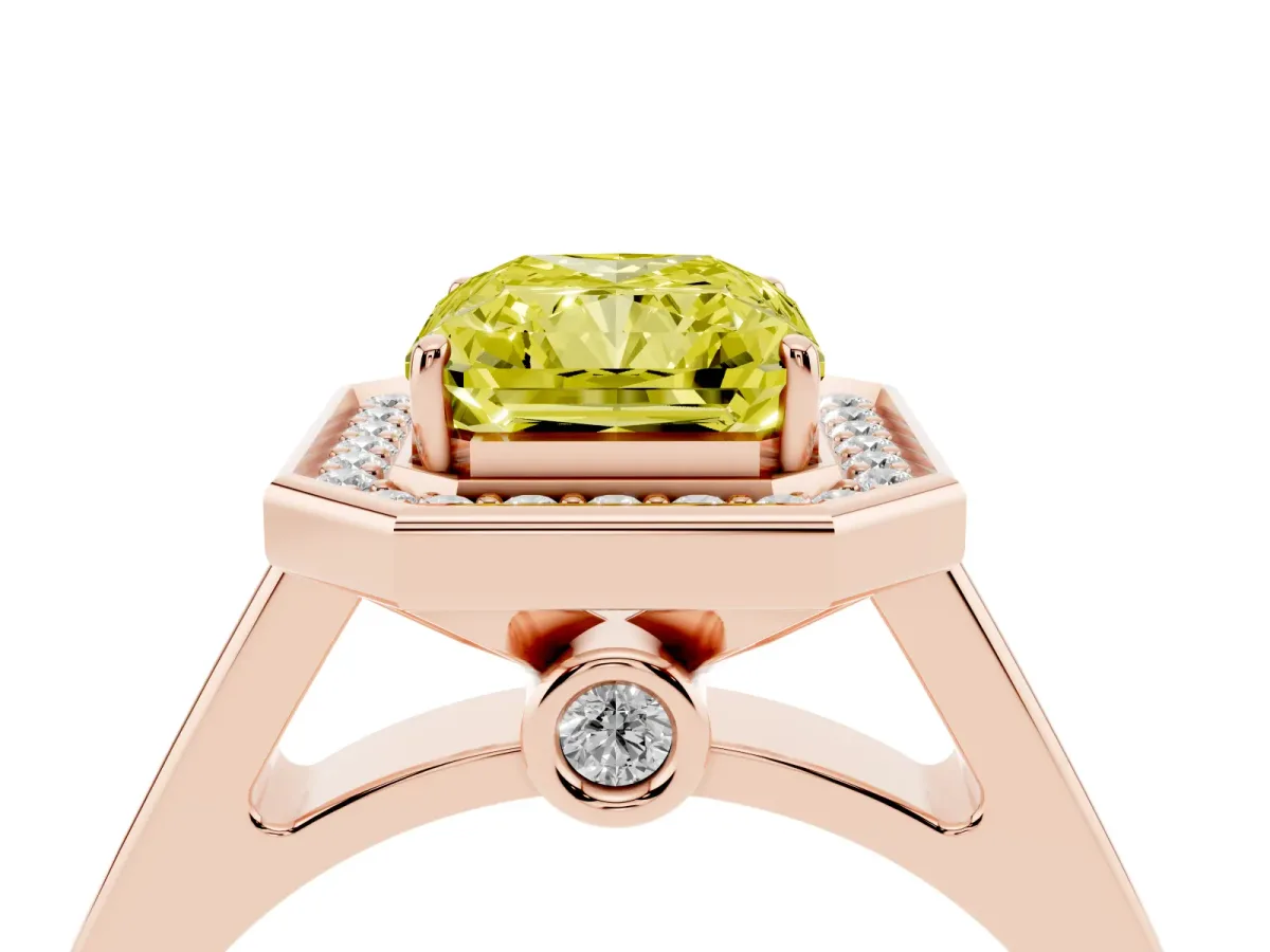 Fancy Yellow Emerald Cut Halo Solitaire Diamond Ring with Pave Band and Bezel Setting Rose gold