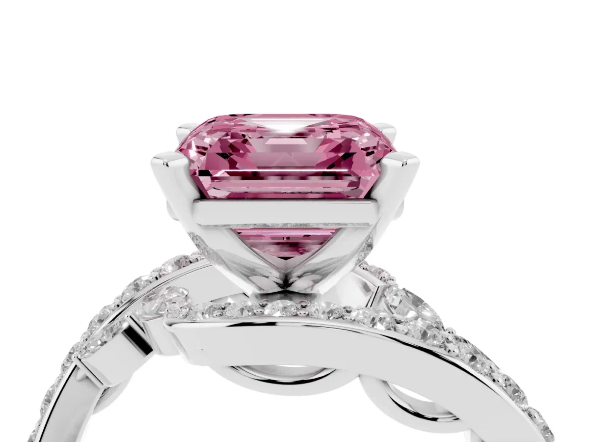 Fancy Pink Asscher Cut Solitaire with Pavé Twist Band and Four-Prong Setting Platinum