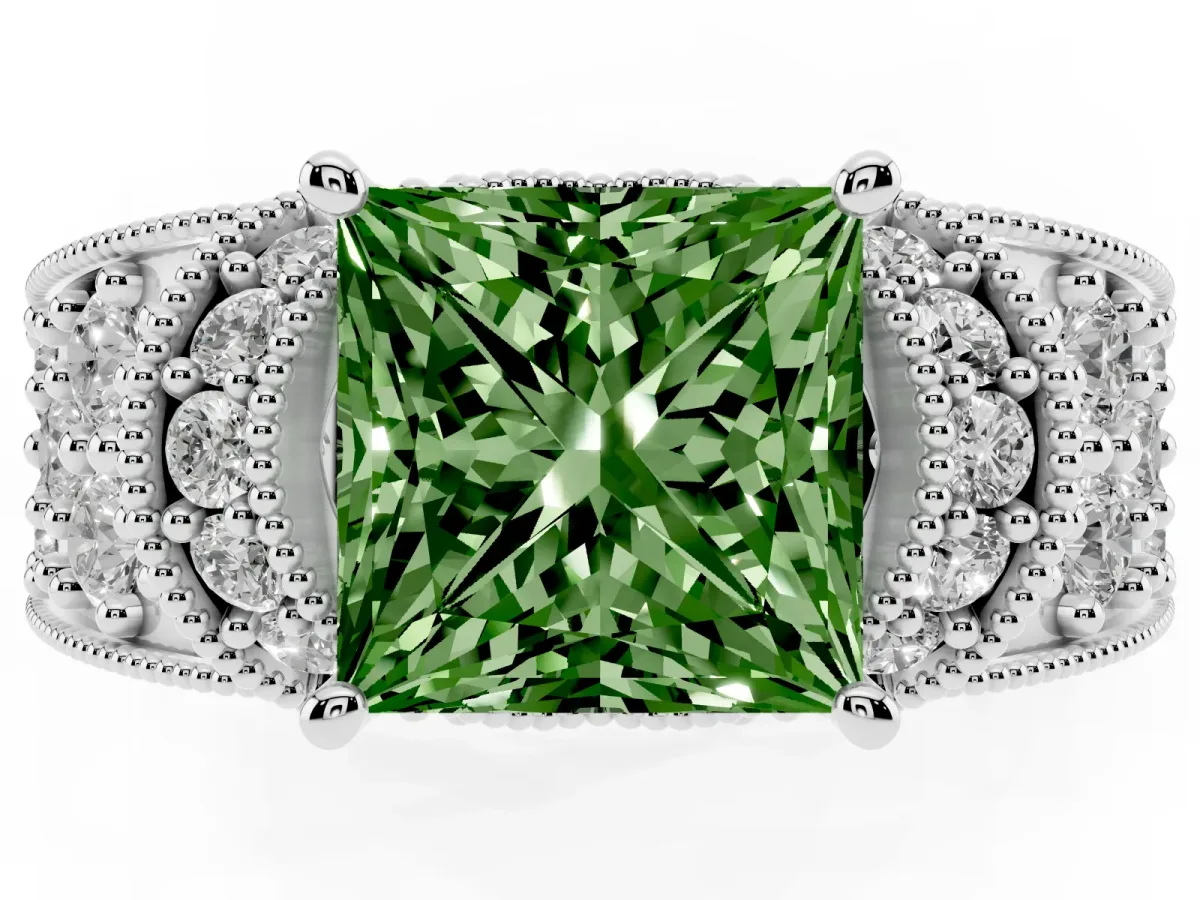 Fancy Green Princess Cut Halo Pave Diamond Engagement Ring with Milgrain Detailing White gold