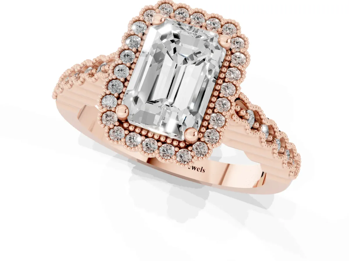 Radiant Cut Cut Halo Pavé Solitaire Ring with Milgrain Band Rose gold