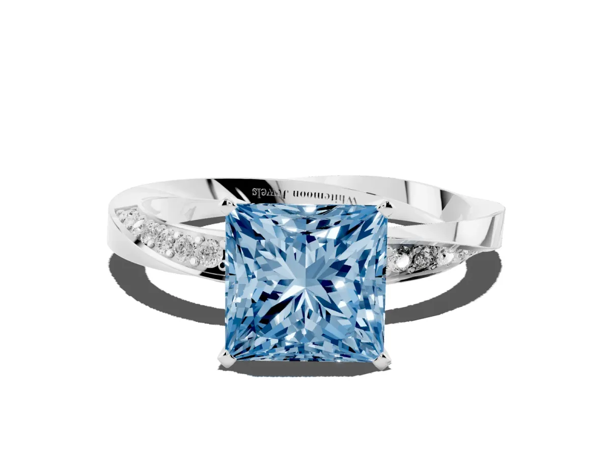 Fancy Blue Princess Cut Diamond Engagement Ring with Side Stone Accents and Four-Prong Setting Platinum