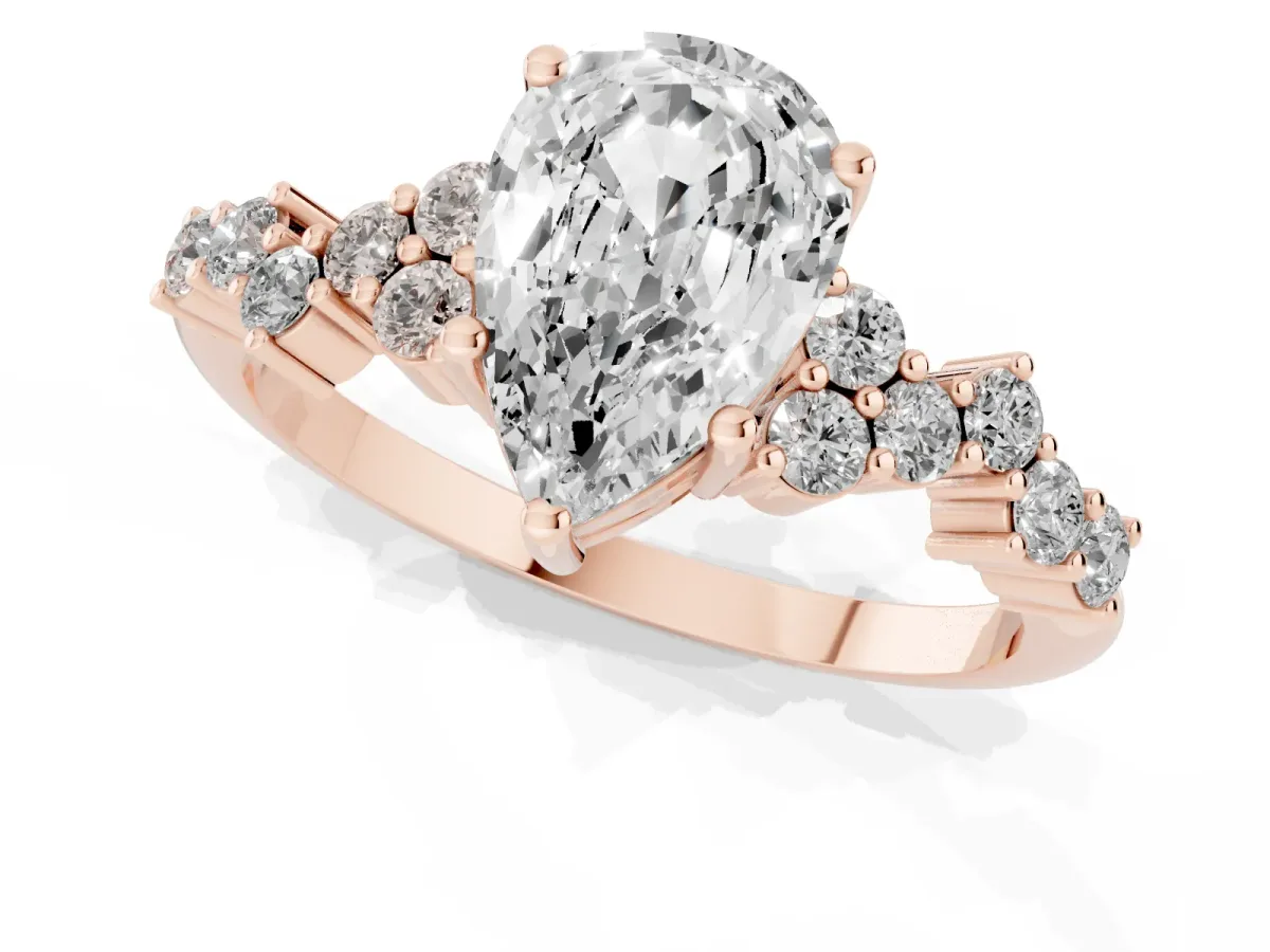 Pear Cut Diamond Scattered Round Accent Ring with Prong Setting Rose gold