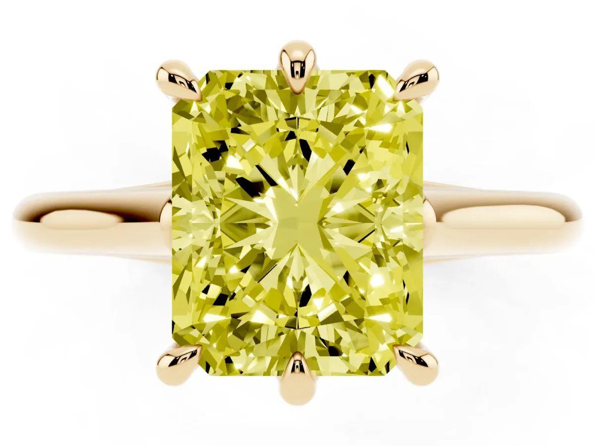 Fancy Yellow Radiant Cut Solitaire Engagement Ring with Six-Prong Setting and Classic Band Yellow gold