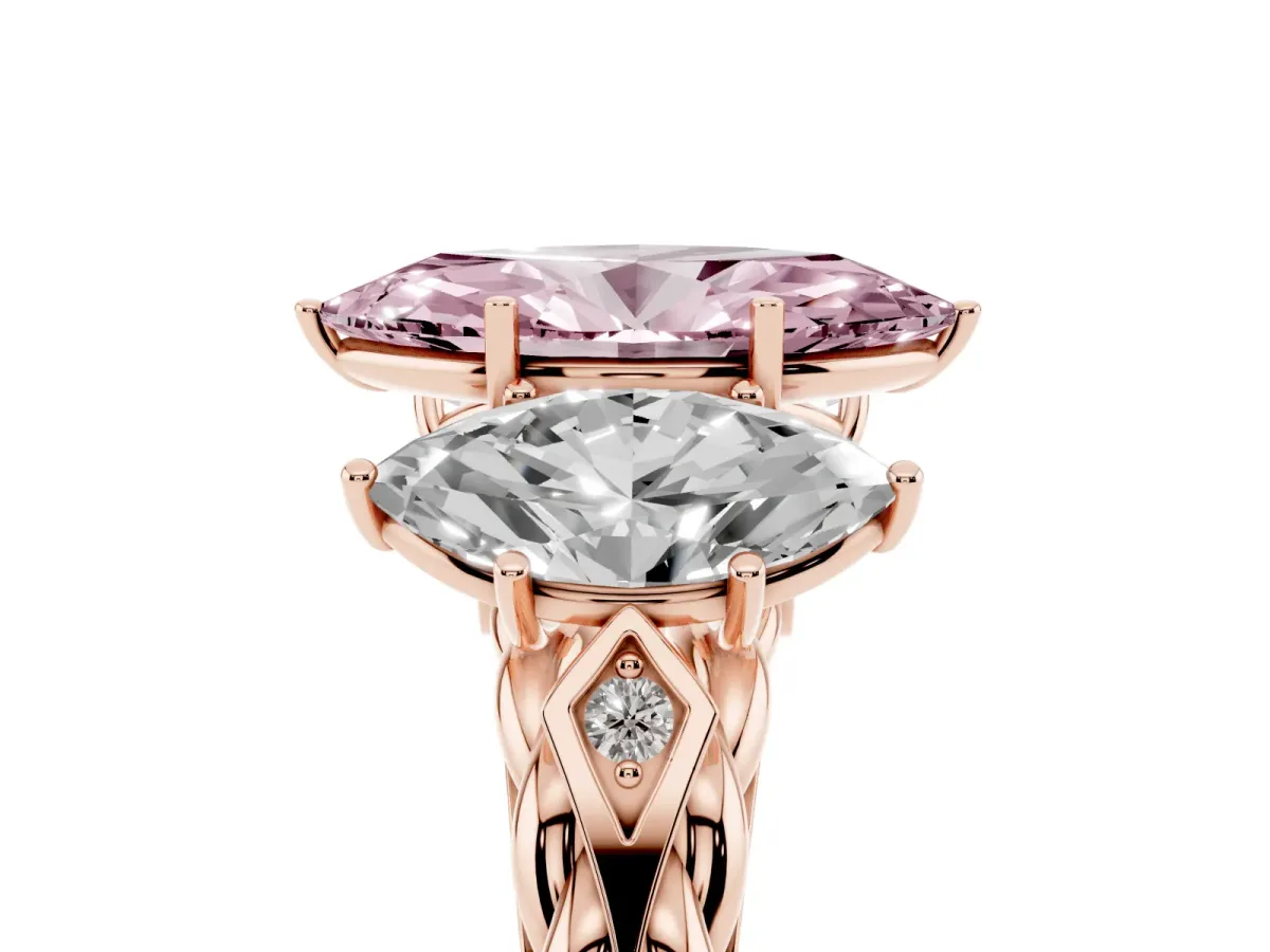 Fancy Pink Three-Stone Marquise Cut Diamond Braided Band Ring with Four-Prong Setting Rose gold