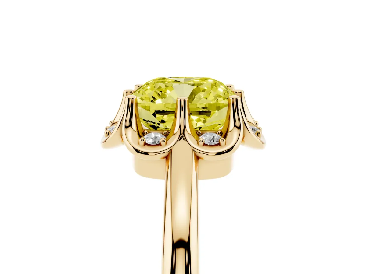 Fancy Yellow Cushion Cut Halo Diamond Ring with Round Cluster Setting, Solitaire Band, and Four-Prong Setting Yellow gold