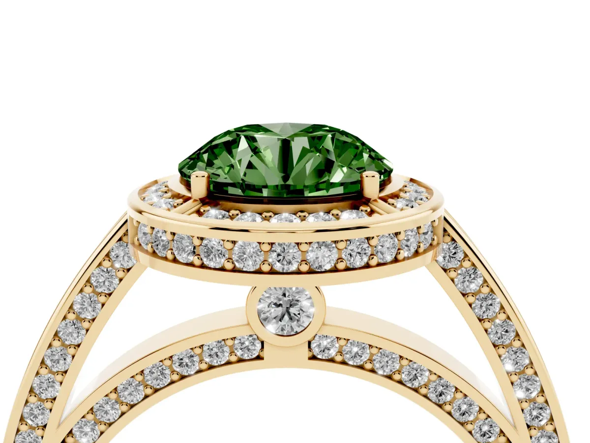 Fancy Green Round Cut Cut Halo Pave Split Shank Prong Setting Ring Yellow gold