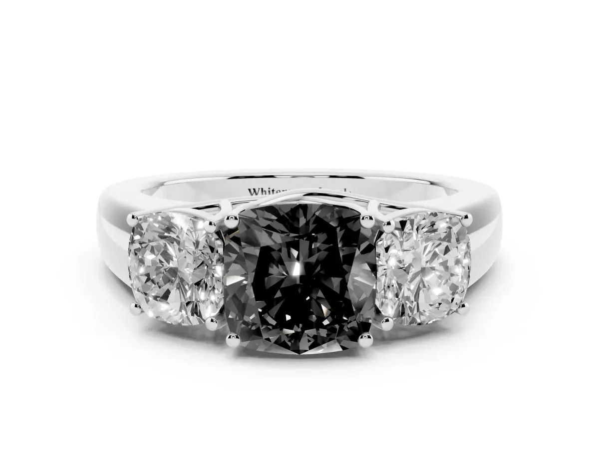 Fancy Black Three-Stone Cushion Cut Cut Diamond Ring with Prong Setting and Classic Band Platinum