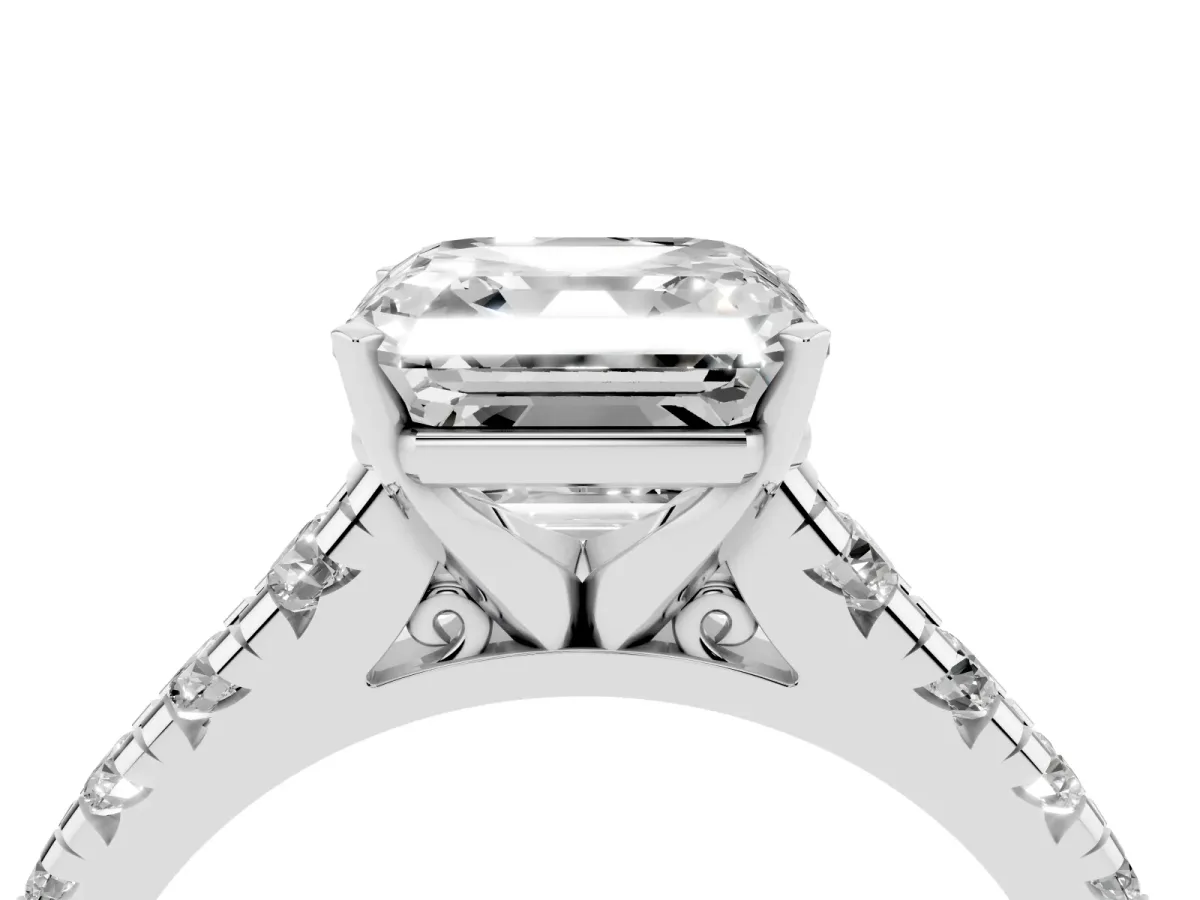 Asscher Cut Diamond Cathedral Solitaire Ring with Round Pavé Band White gold
