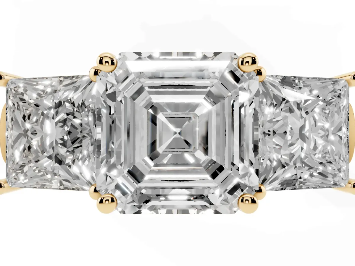 Three-Stone Asscher Cut Brilliant Diamond Trellis Ring with Comfort Fit Band Yellow gold