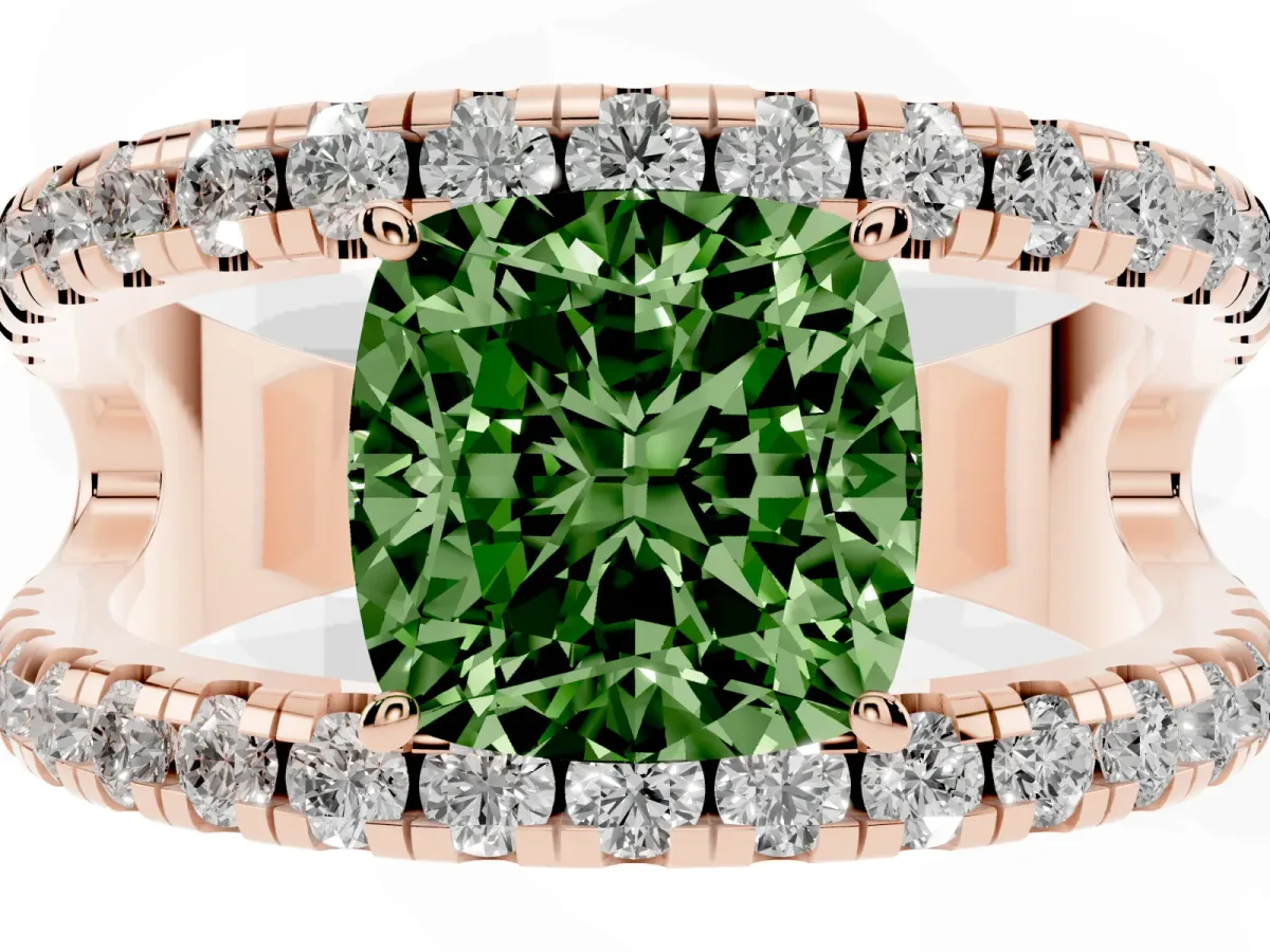Fancy Green Cushion Cut Solitaire Split Shank Pave Diamond Ring Rose gold