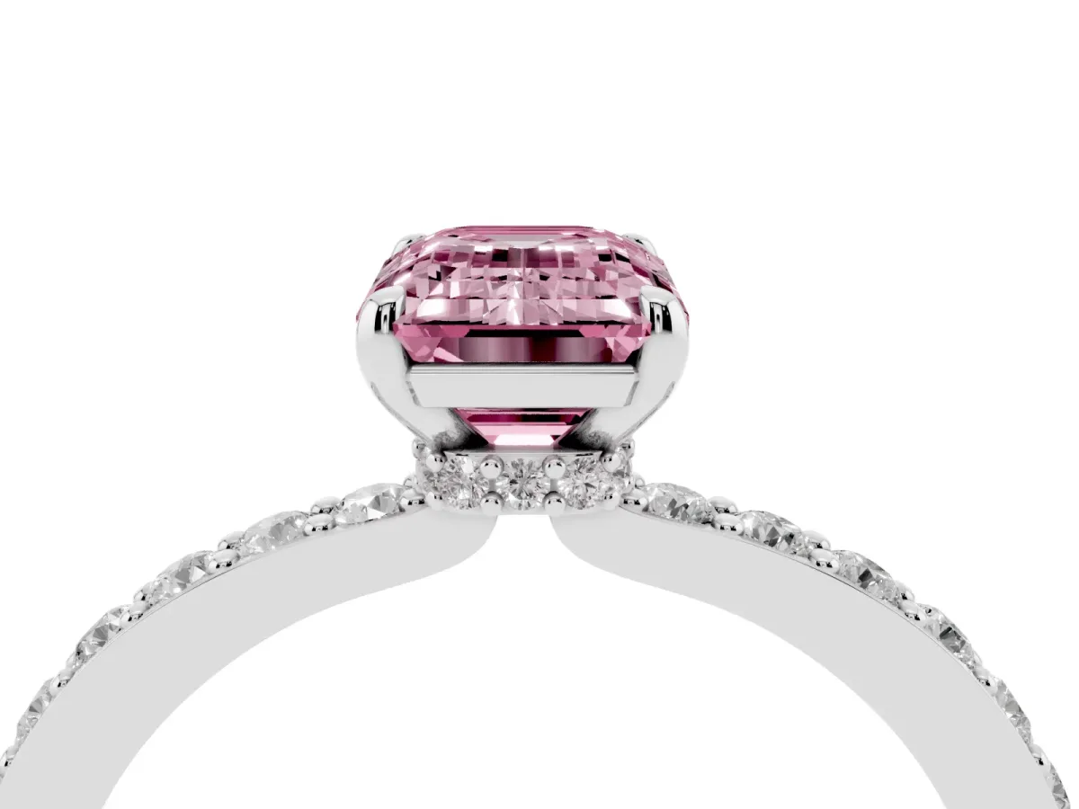 Fancy Pink Emerald Cut Diamond Pavé Engagement Ring with Round Accents and Prong Setting White gold