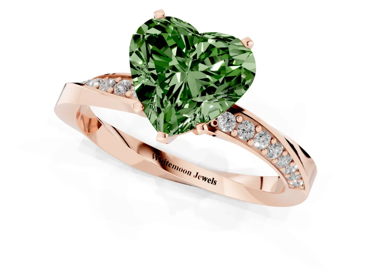 Fancy Green Heart Cut Diamond Engagement Ring with Side Stone Accents and Four-Prong Setting Rose gold