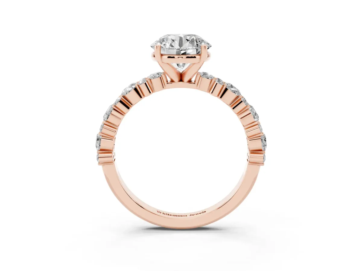 Round Cut Diamond Side Stone Solitaire Ring with Round and Four-Prong Setting Rose gold