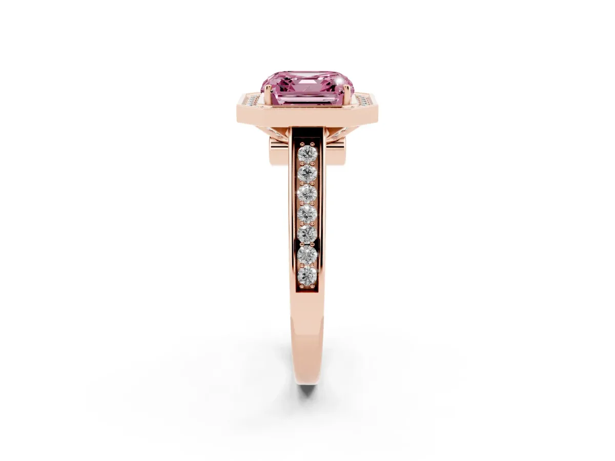 Fancy Pink Asscher Cut Halo Solitaire Diamond Ring with Pave Band and Bezel Setting Rose gold