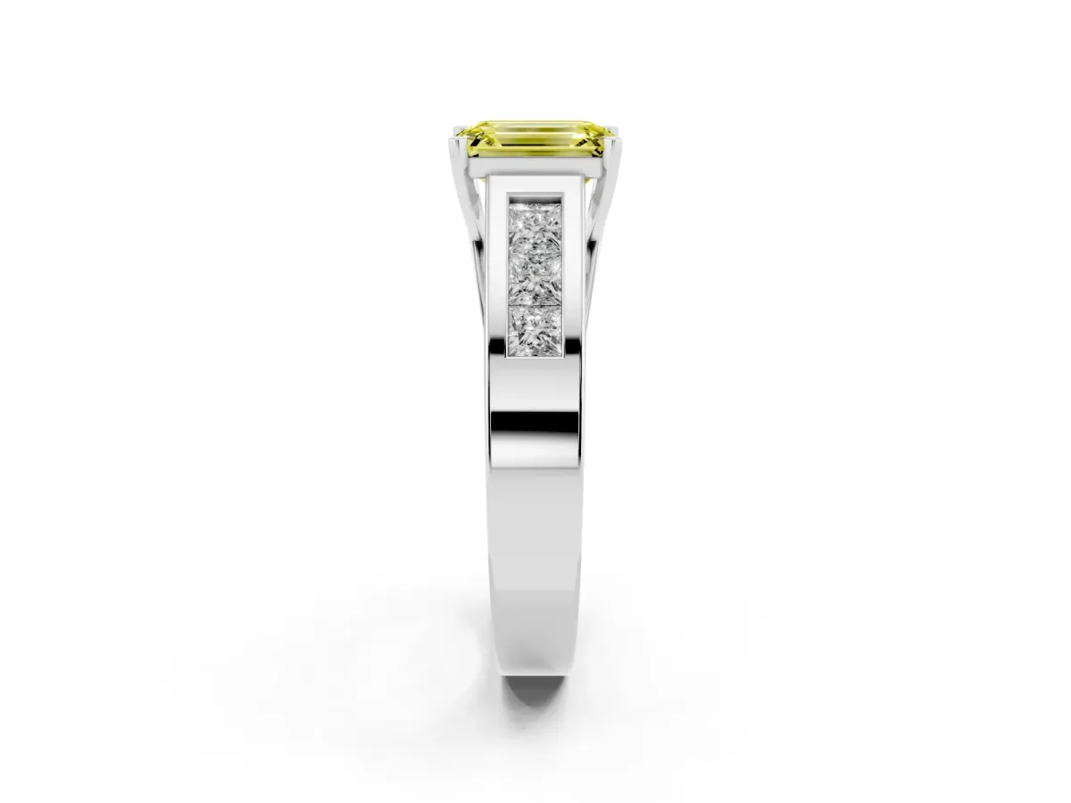 Fancy Yellow Emerald Cut Cut Channel Set Solitaire Ring with Four-Prong Setting Silver
