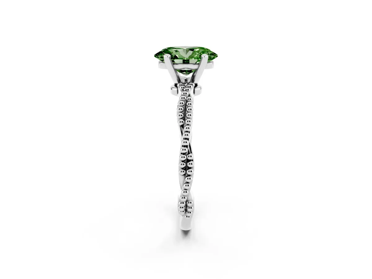 Fancy Green Oval Cut Solitaire Twisted Band with Bead Prong Setting White gold
