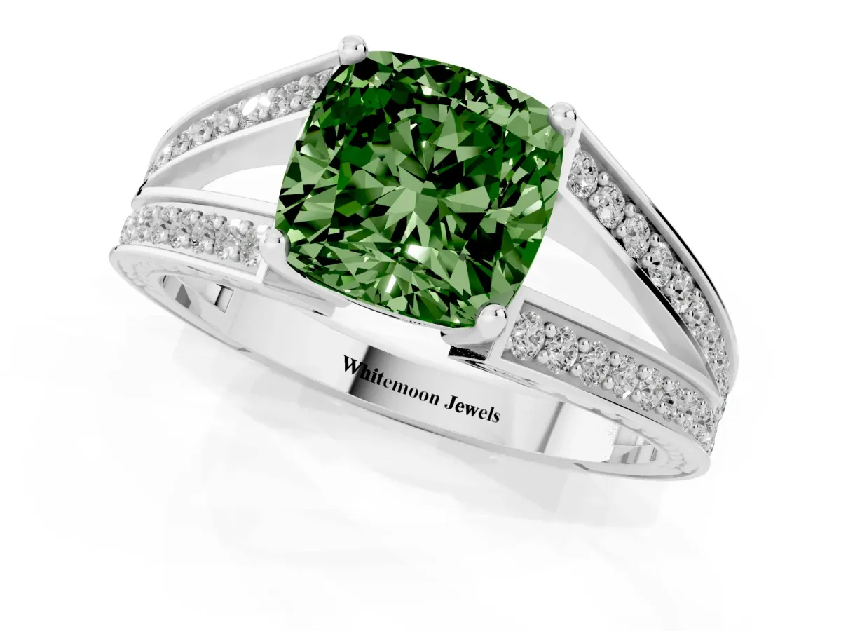 Fancy Green Cushion Cut Diamond Split Shank Ring with Pavé Band and Four-Prong Setting Silver