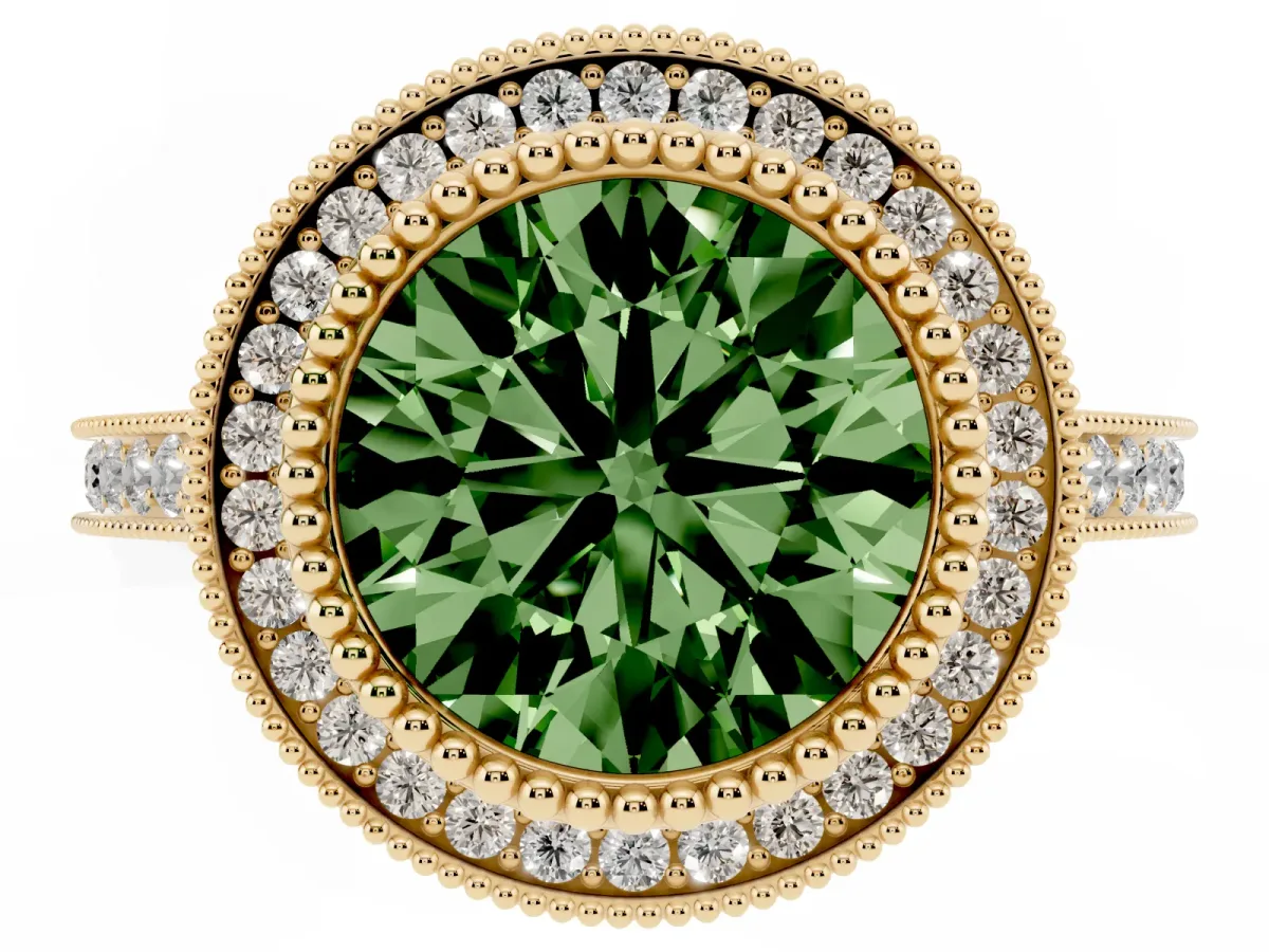 Fancy Green Round Cut Diamond Halo Ring with Milgrain Frame and Pavé Band Yellow gold