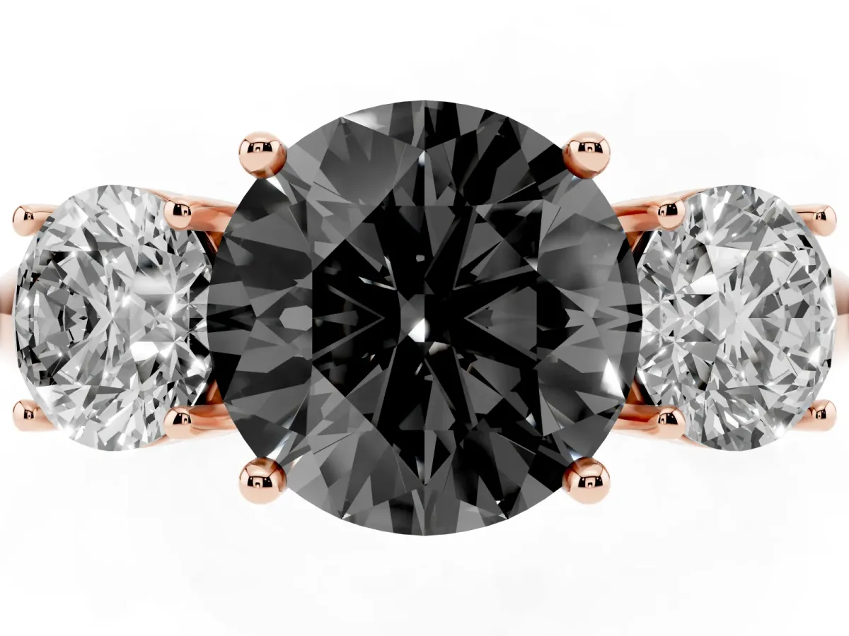 Fancy Black Three-Stone Round Cut Cut Diamond Engagement Ring with Prong Setting on a White Gold Band Rose gold