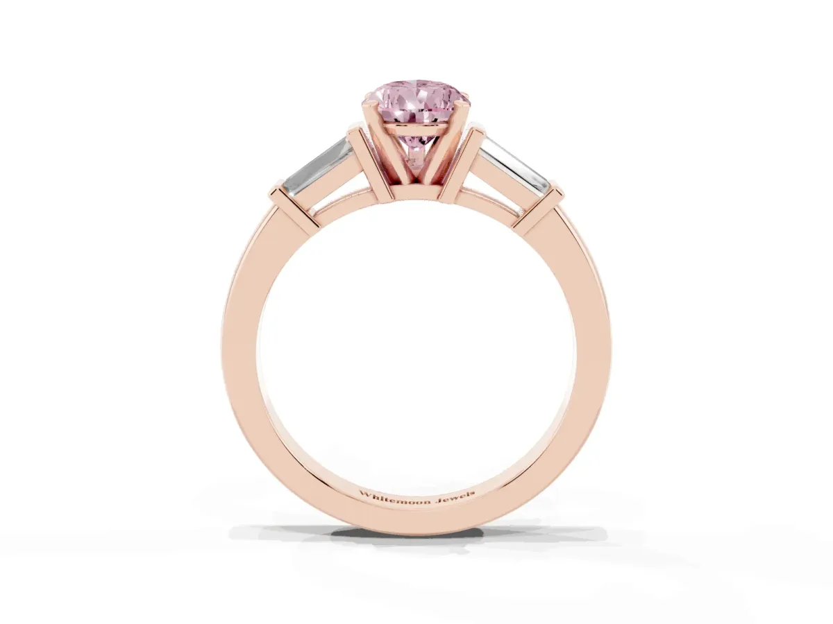 Fancy Pink Pear Cut Cut Diamond Solitaire Ring with Tapered Baguette Accents and Four-Prong Setting Rose gold
