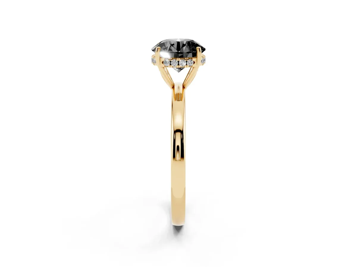 Fancy Black Round Cut Solitaire Diamond Ring with Prong Setting and Plain Band Yellow gold