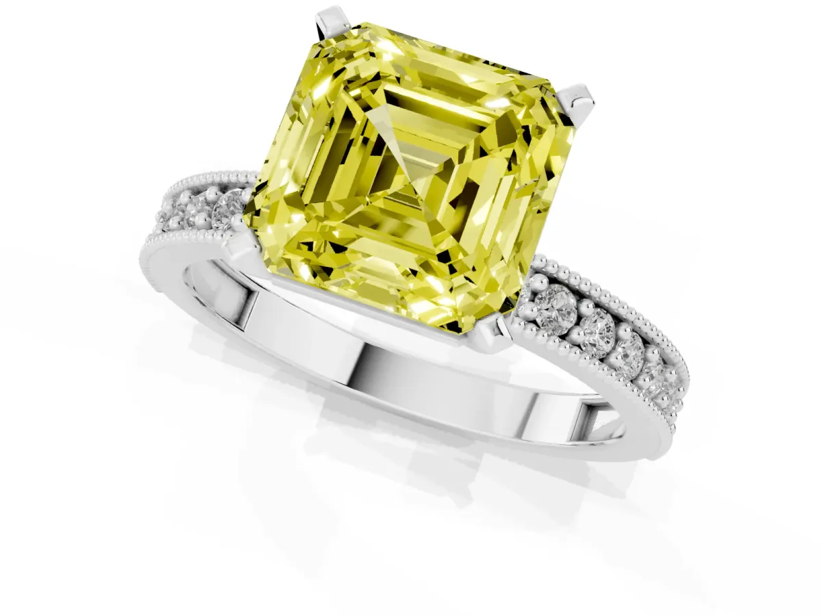 Fancy Yellow Asscher Cut Diamond Milgrain Pavé Engagement Ring with Four-Prong Setting Silver