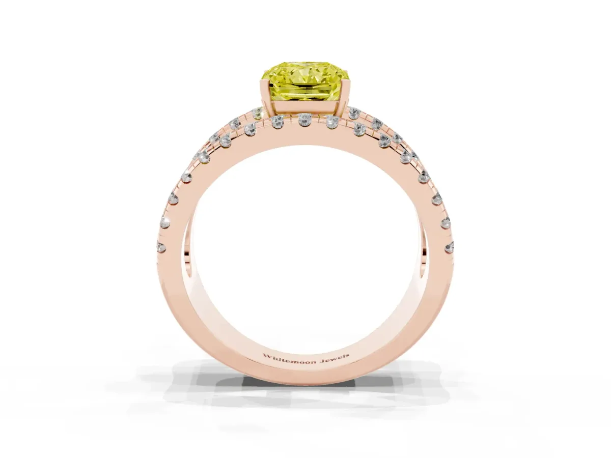 Fancy Yellow Radiant Cut Solitaire Split Shank Pave Diamond Ring Rose gold