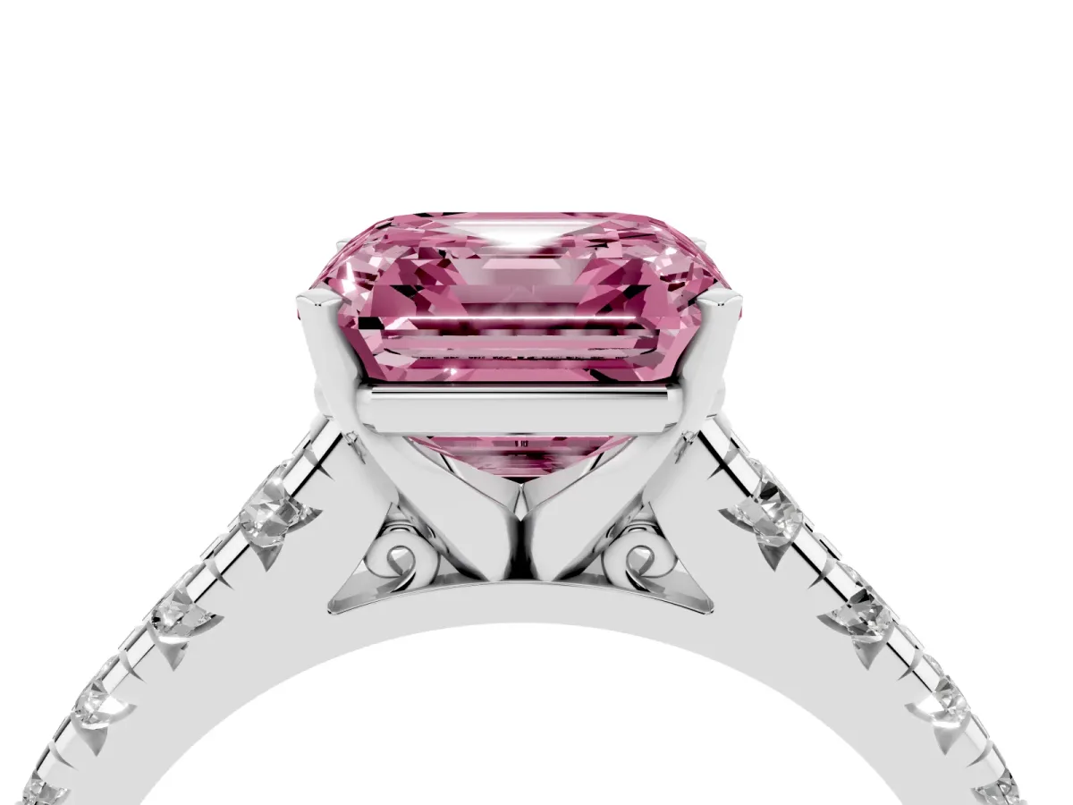 Fancy Pink Asscher Cut Diamond Cathedral Solitaire Ring with Round Pavé Band Silver