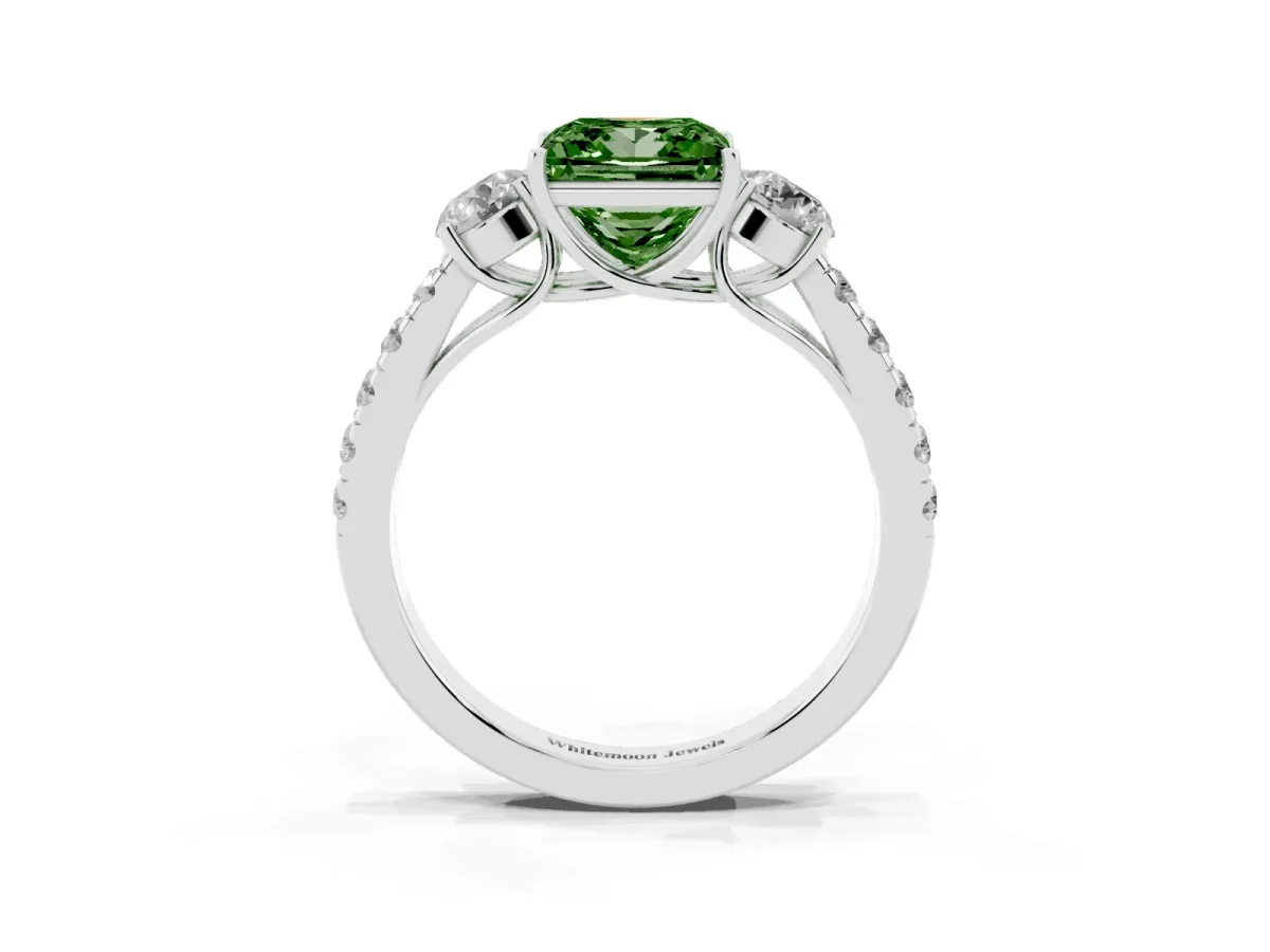 Fancy Green Princess Cut Cut Diamond Three-Stone Ring with Round Side Stones and Pavé Band Silver