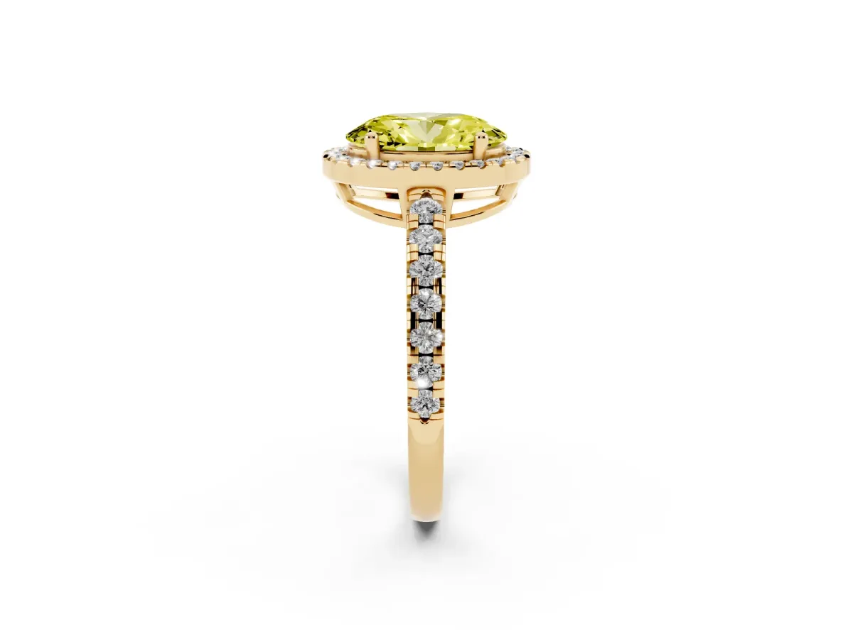 Fancy Yellow Oval Cut Diamond Halo Ring with Pavé Band and Four-Prong Setting Yellow gold