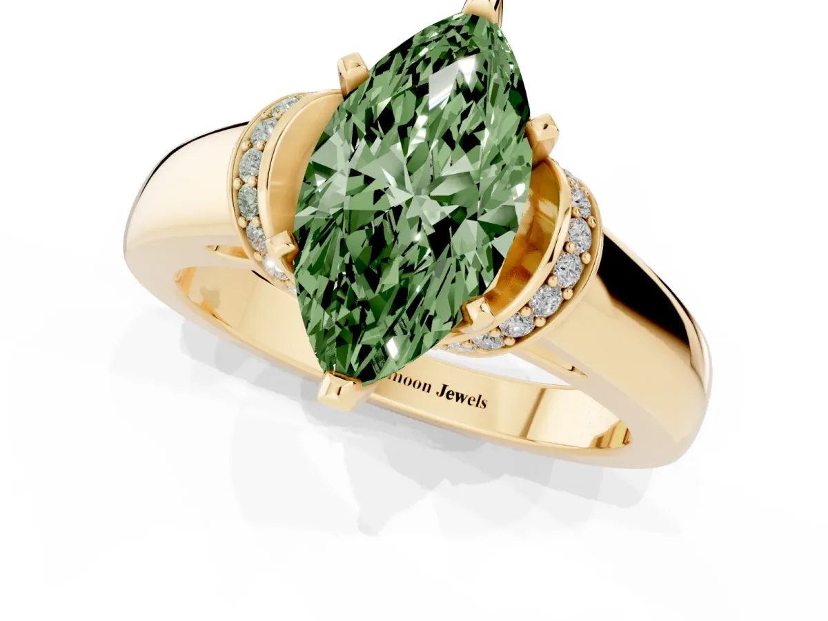 Fancy Green Marquise Cut Solitaire Diamond Ring with Pave Band and Six-Prong Setting Yellow gold