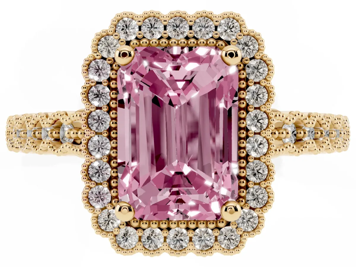 Fancy Pink Radiant Cut Cut Halo Pavé Solitaire Ring with Milgrain Band Yellow gold