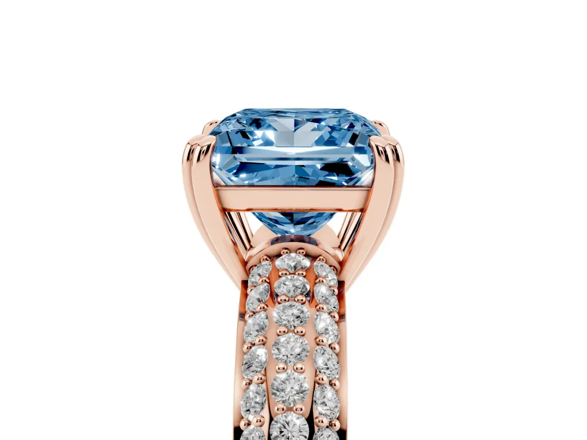 Fancy Blue Princess Cut Diamond Solitaire Ring with Multi-Row Round Pavé Band and Prong Setting Rose gold