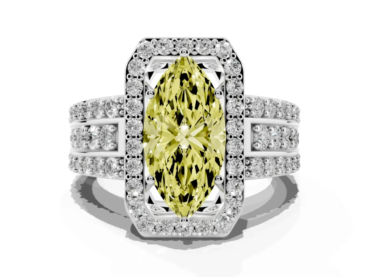 Fancy Yellow Marquise Cut Halo Diamond Ring with Round Split Shank and Prong Setting Silver