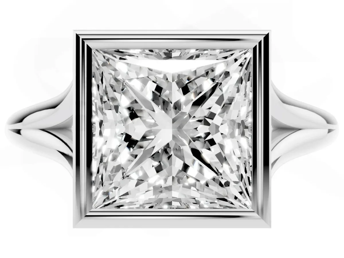 Bezel Set Princess Cut Cut Solitaire Ring with Tapered Band Silver