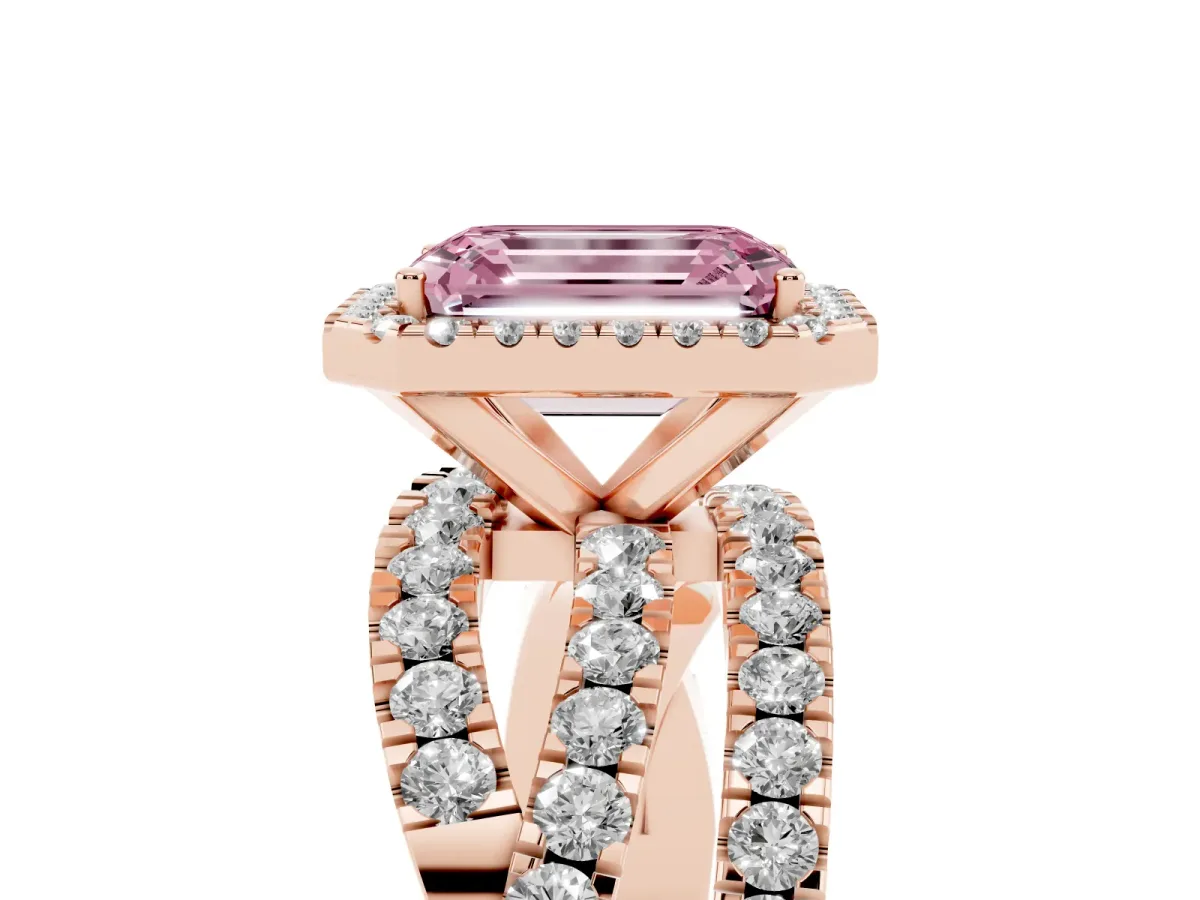 Fancy Pink Emerald Cut Diamond Halo Ring with Round Split Shank and Prong Setting Rose gold