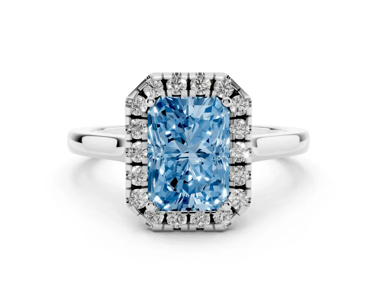 Fancy Blue Radiant Cut Halo Round Diamond Solitaire Ring with Pavé Band and Four-Prong Setting Silver