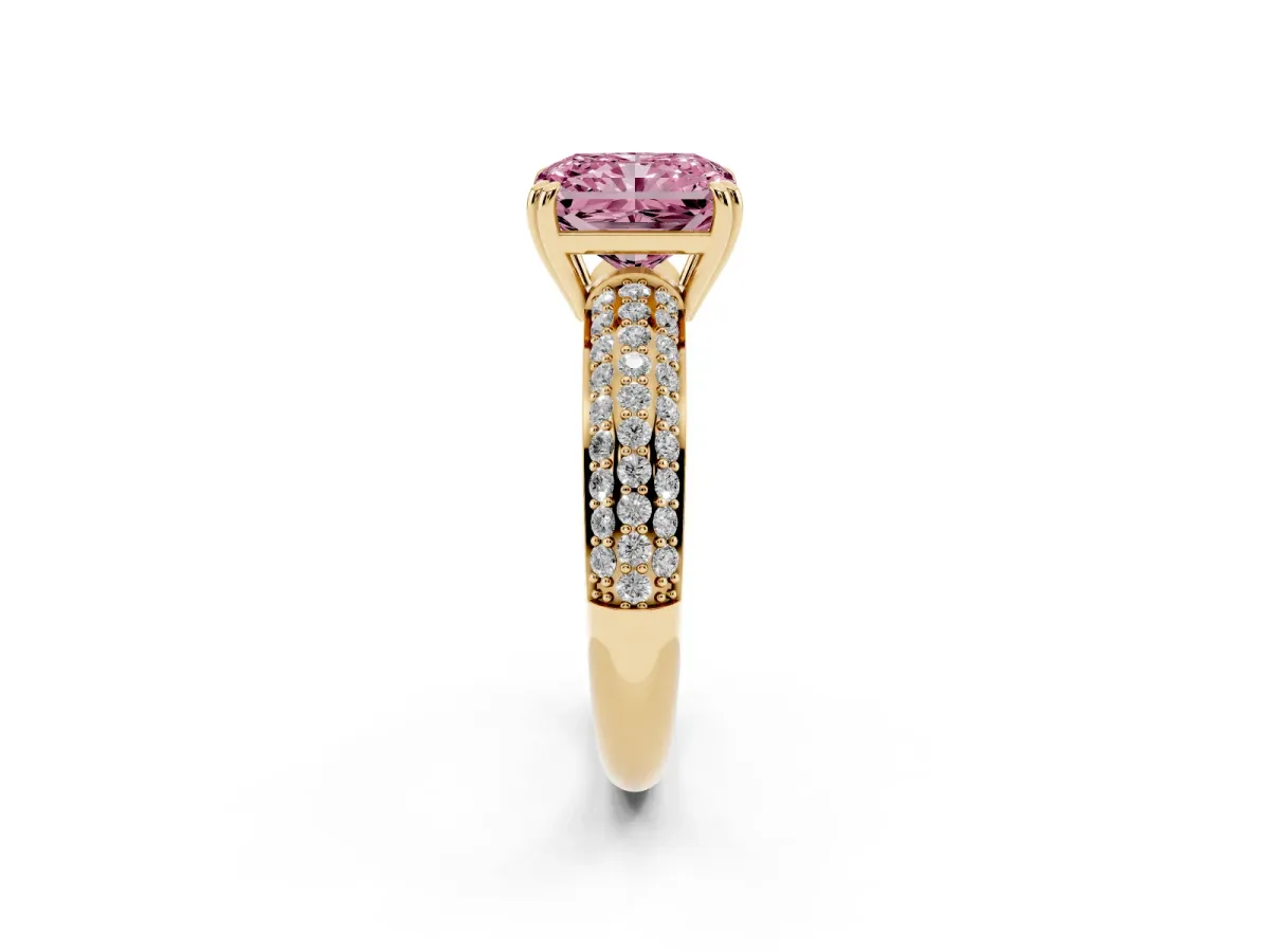 Fancy Pink Radiant Cut Diamond Solitaire Ring with Multi-Row Round Pavé Band and Prong Setting Yellow gold