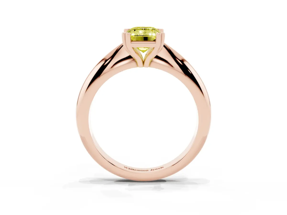 Fancy Yellow Emerald Cut Cut Solitaire Engagement Ring with Tapered Band and Four-Prong Setting Rose gold