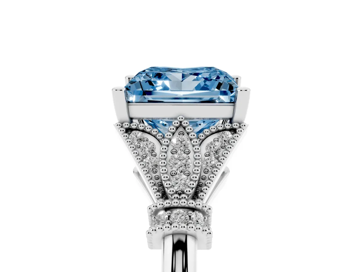 Fancy Blue Princess Cut Diamond Solitaire Ring with Floral Filigree and Pave Accents White gold