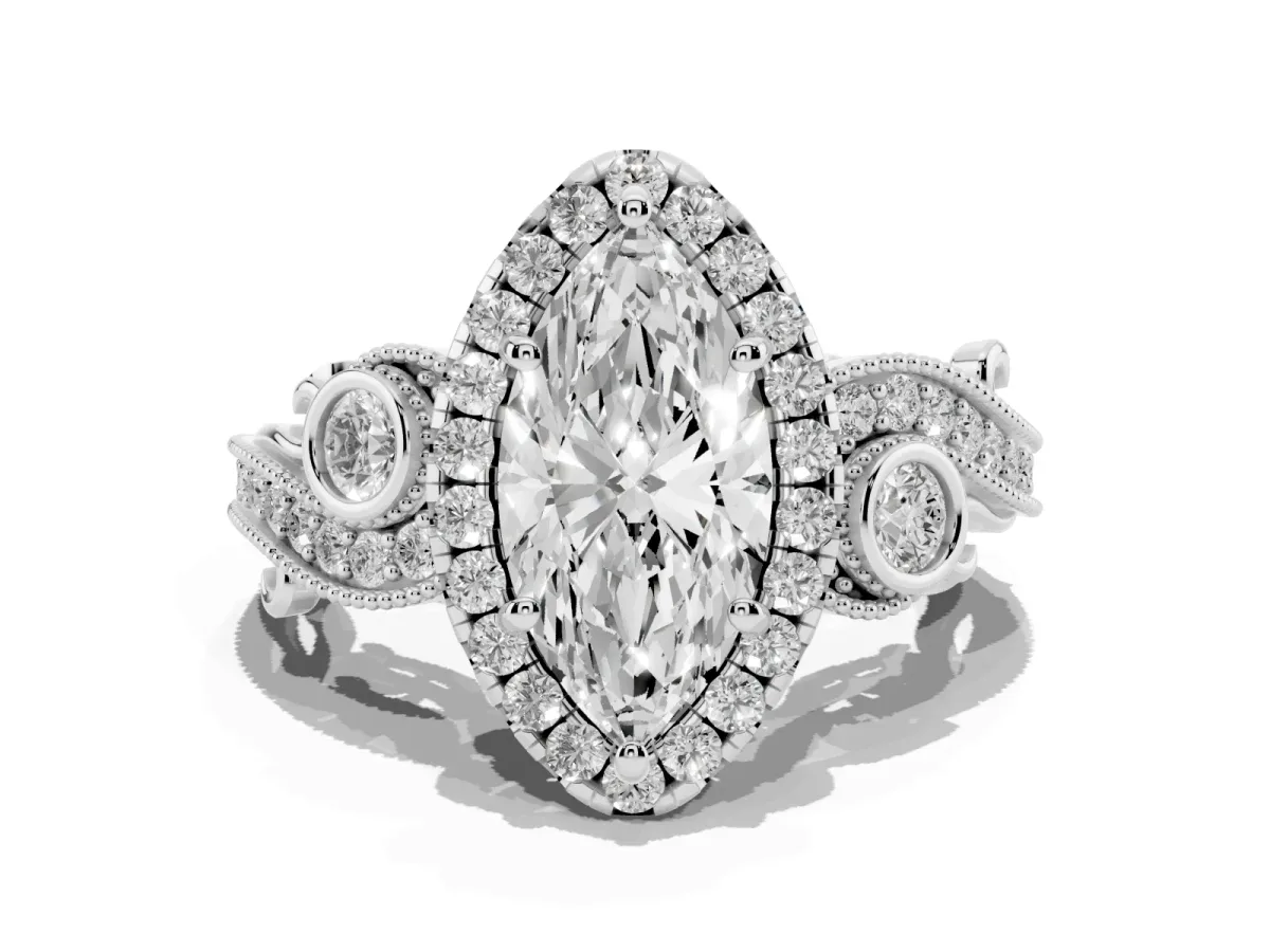 Marquise Cut Diamond Halo Ring with Milgrain Pavé Band and Four-Prong Setting White gold