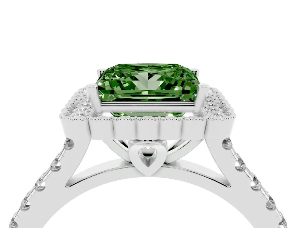 Fancy Green Princess Cut Cut Diamond Milgrain Floral Halo Engagement Ring with Pavé Band Silver