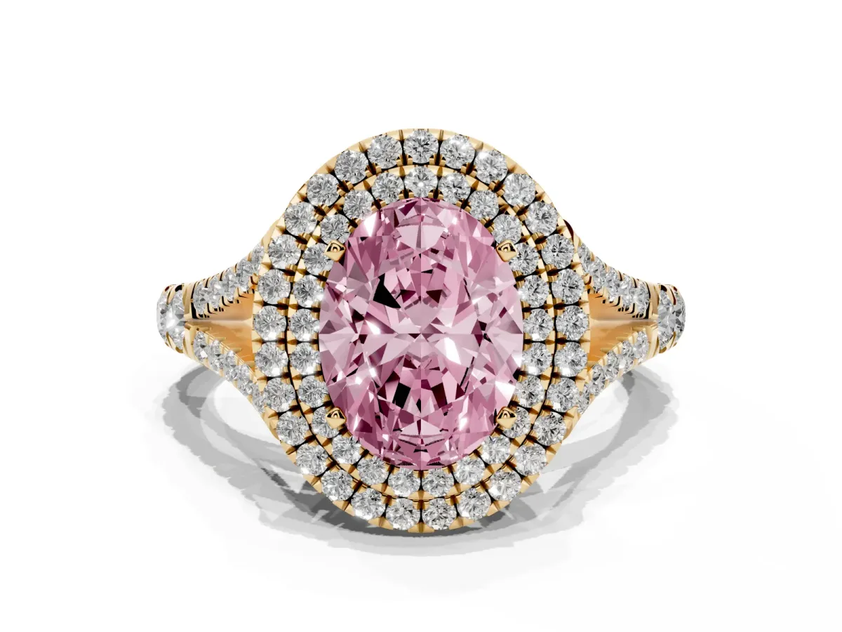 Fancy Pink Oval Cut Diamond Pavé Split Shank Double Halo Engagement Ring Yellow gold