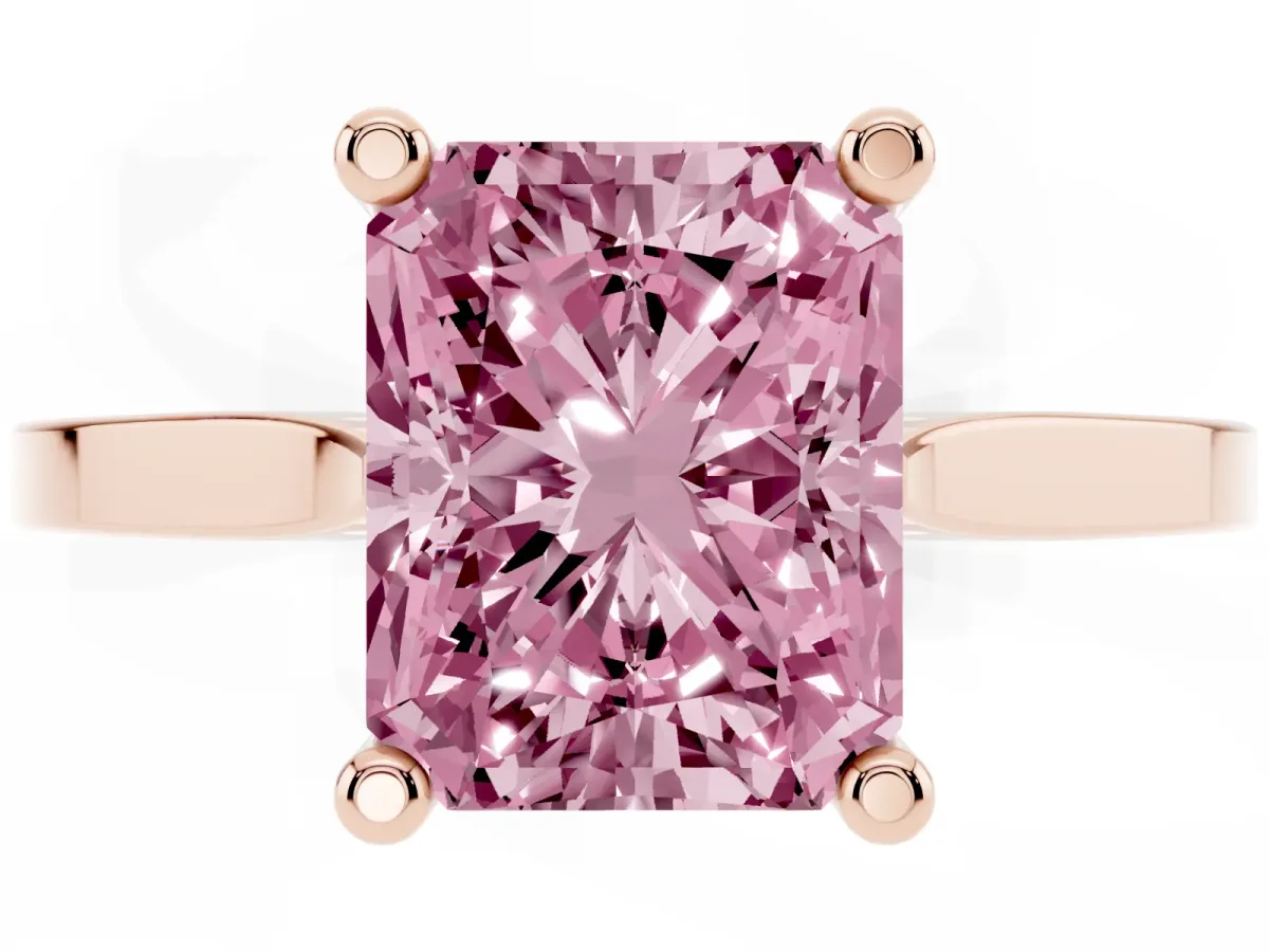 Fancy Pink Radiant Cut Solitaire Diamond Ring with Four-Prong Setting and Tapered Band Rose gold