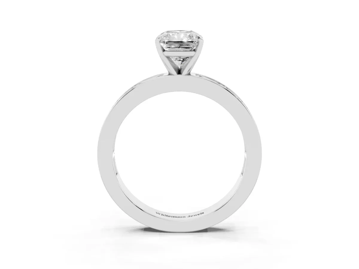 Radiant Cut Solitaire Diamond Ring with Channel-Set Baguette Band and Four-Prong Setting White gold